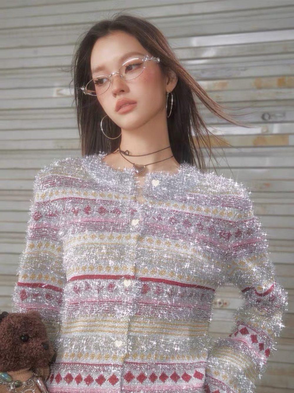 Metallic Striped Cropped Cardigan in Red, Silver & Cream